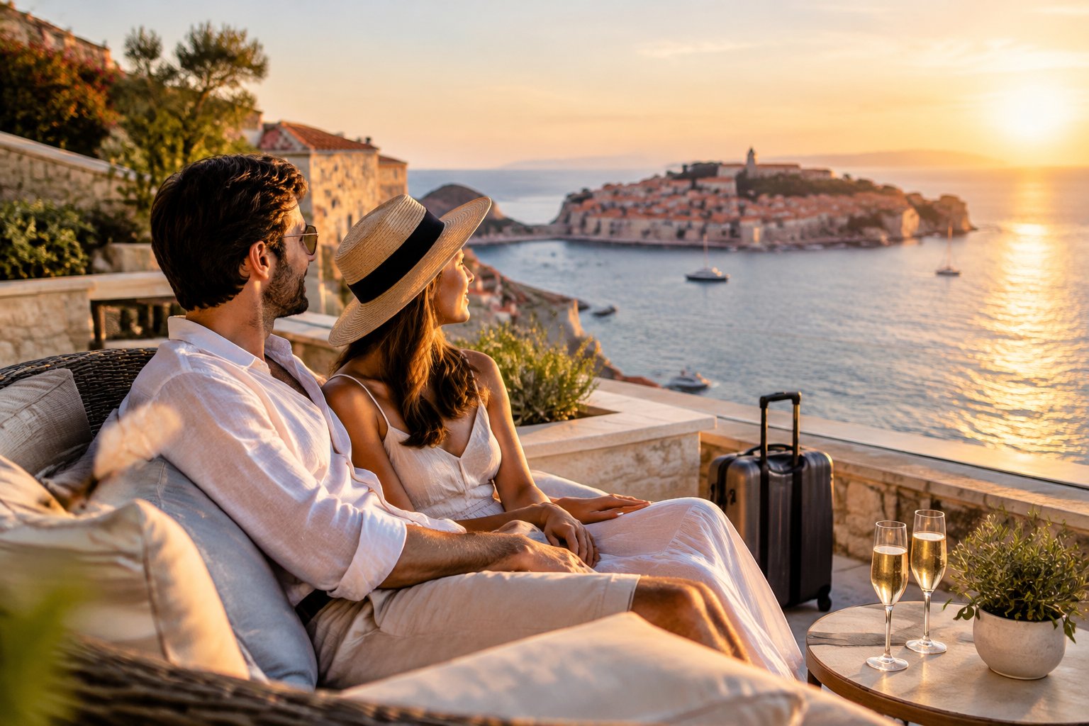 A newlywed couple relaxes together beside the sea at a coastal resort.