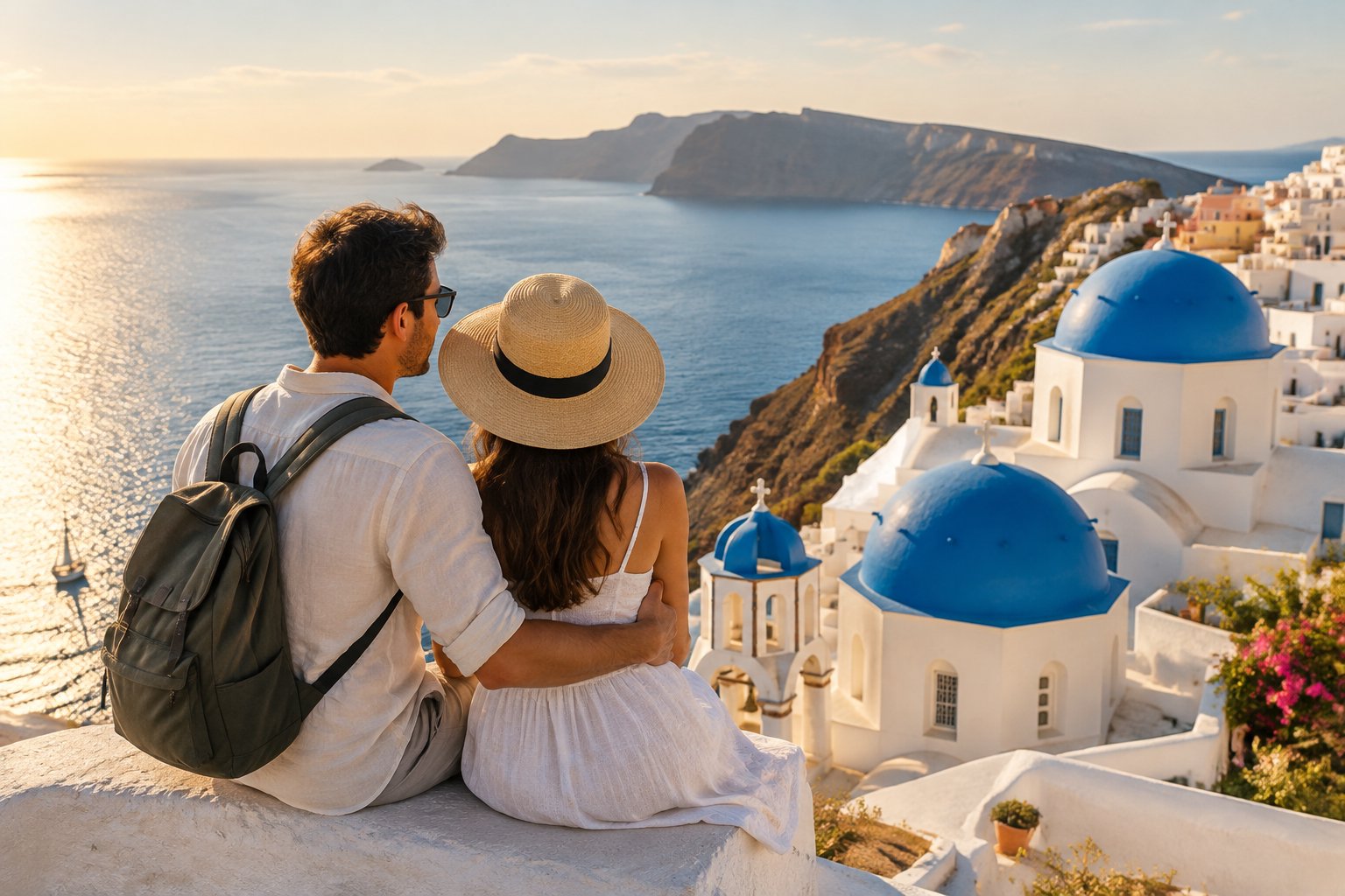A couple stands together overlooking the sea and whitewashed buildings in Santorini.