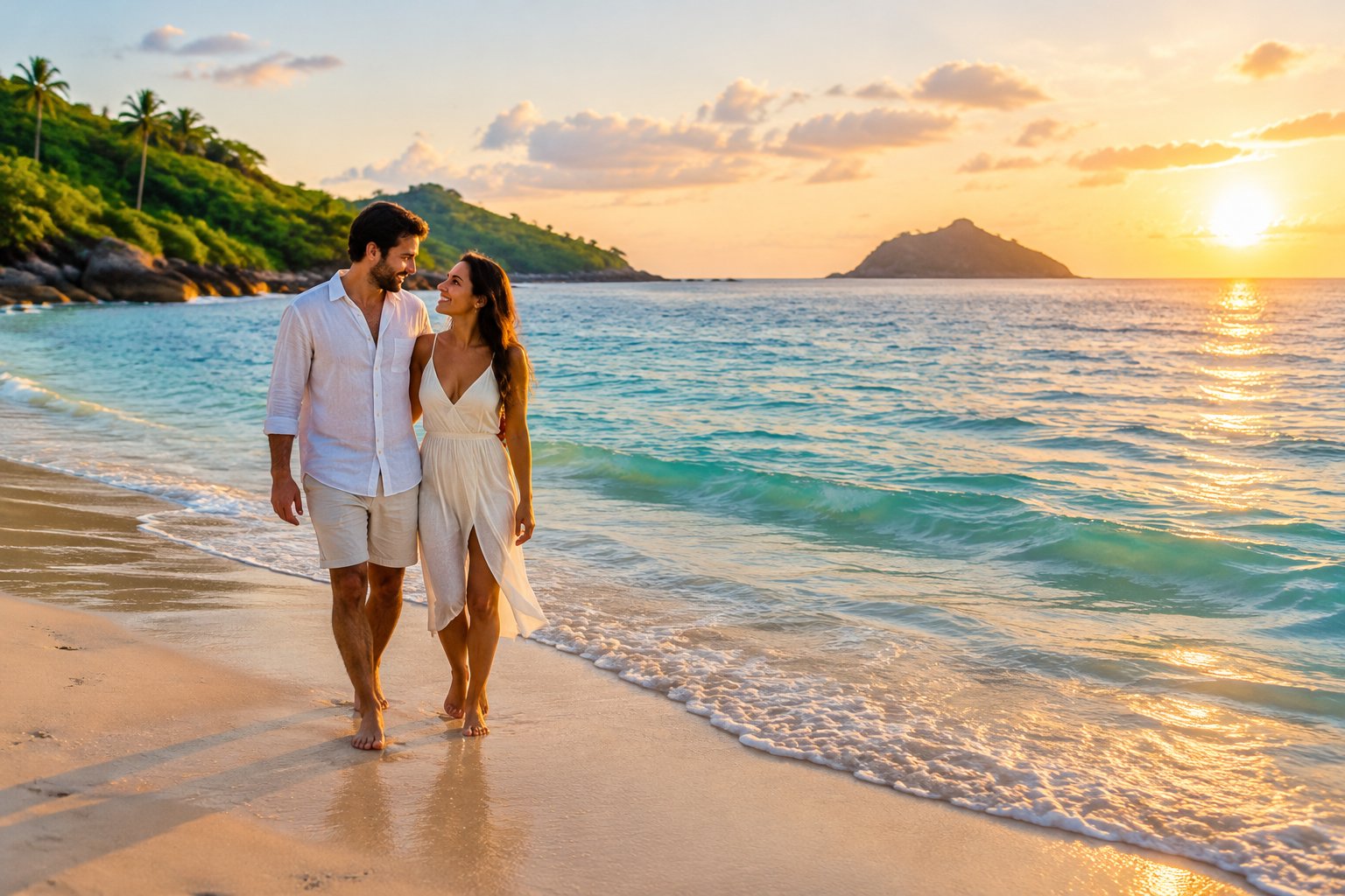 A couple walks together along a tropical beach beside turquoise water.
