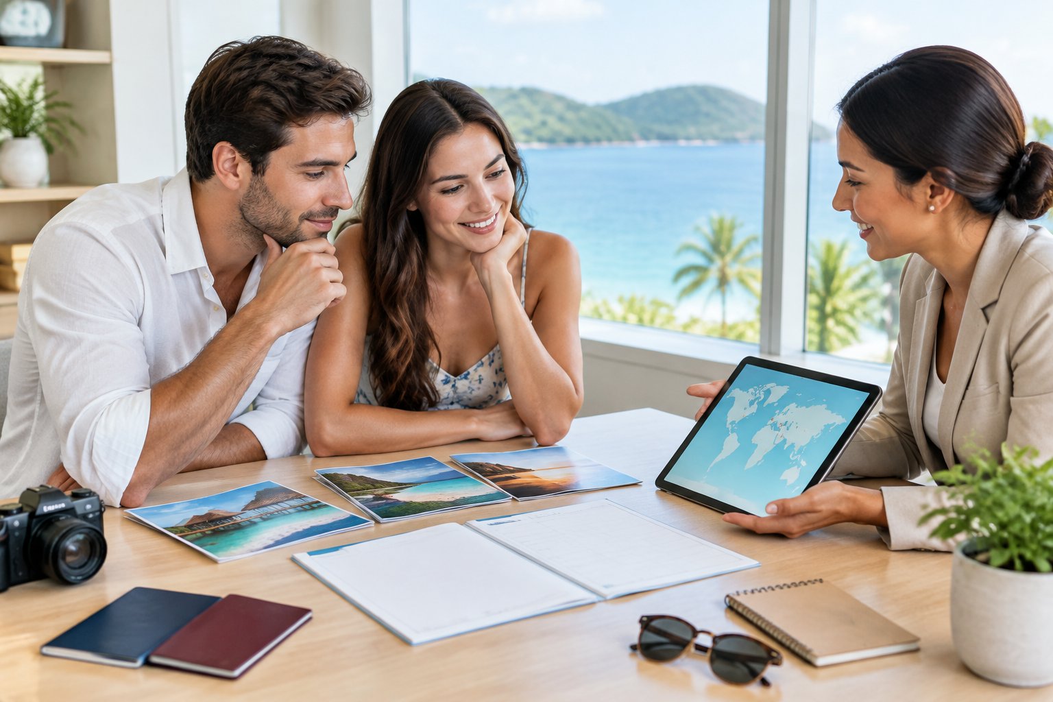 A newlywed couple reviews travel options with an advisor at a desk.