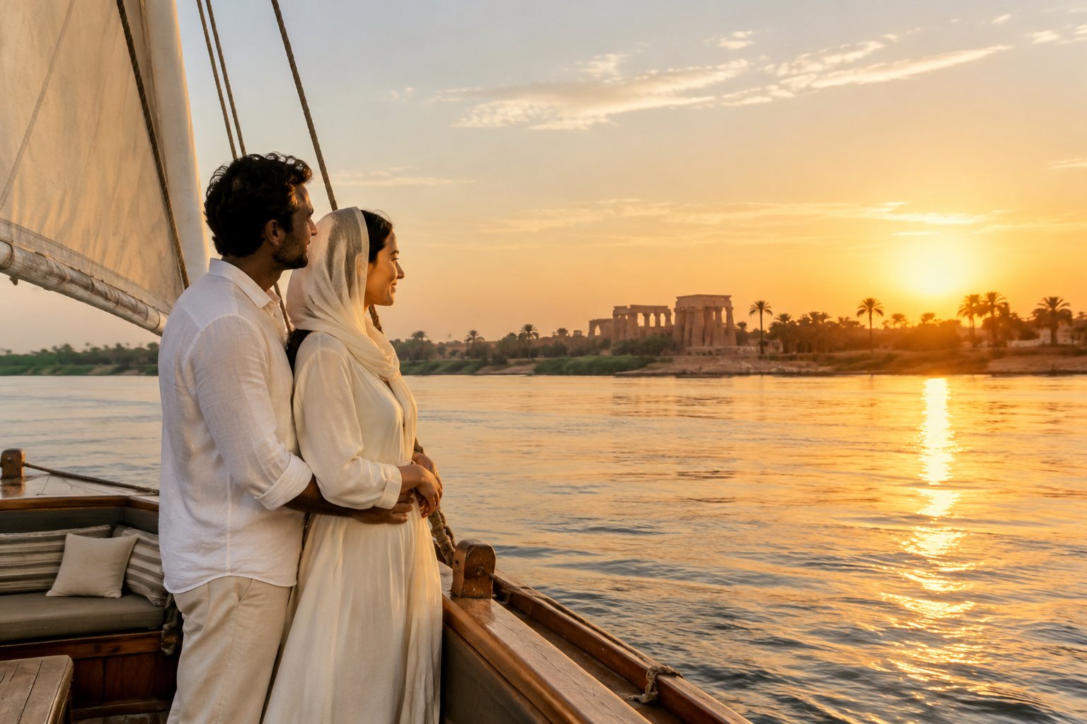 A newlywed couple stands together on a felucca sailing along the Nile.
