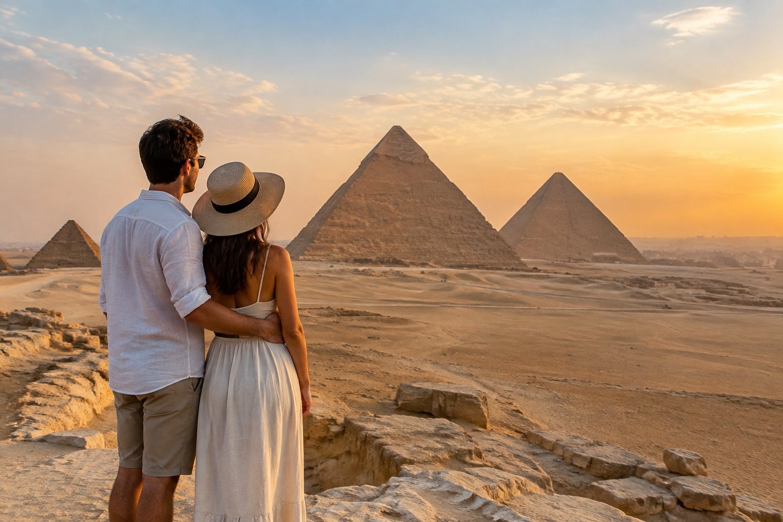 A couple looks toward the pyramids of Giza from a desert viewpoint.