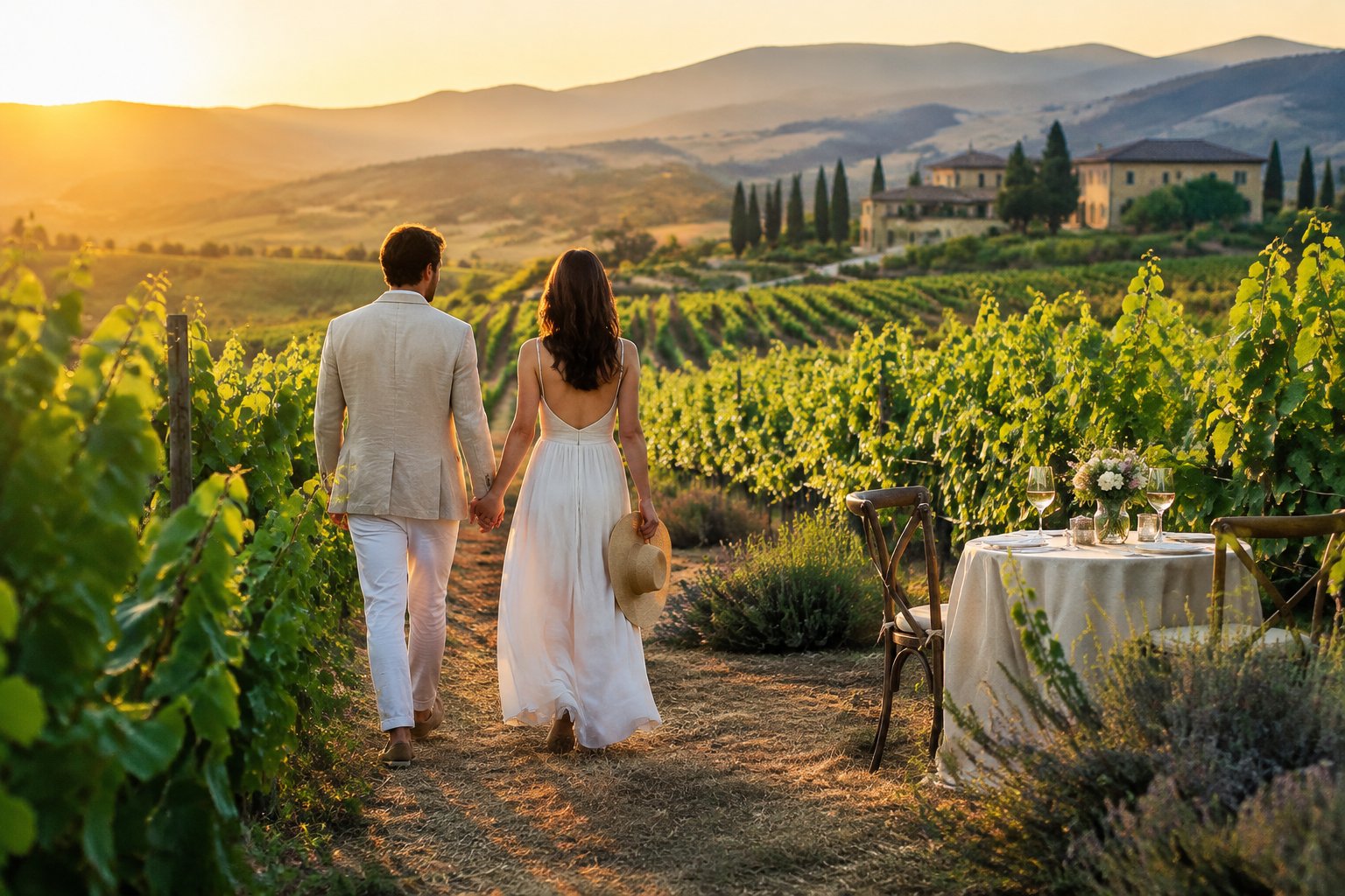 A newlywed couple walks hand in hand through a Napa Valley vineyard.