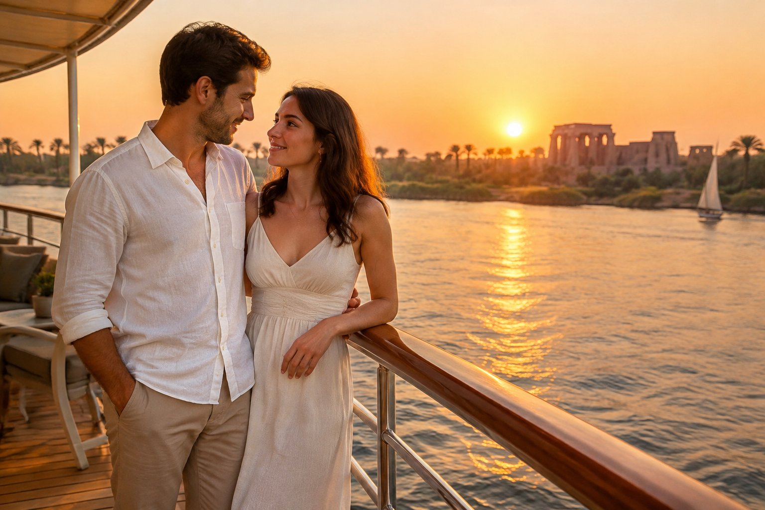 A newlywed couple shares a romantic moment on a Nile cruise deck at sunset.