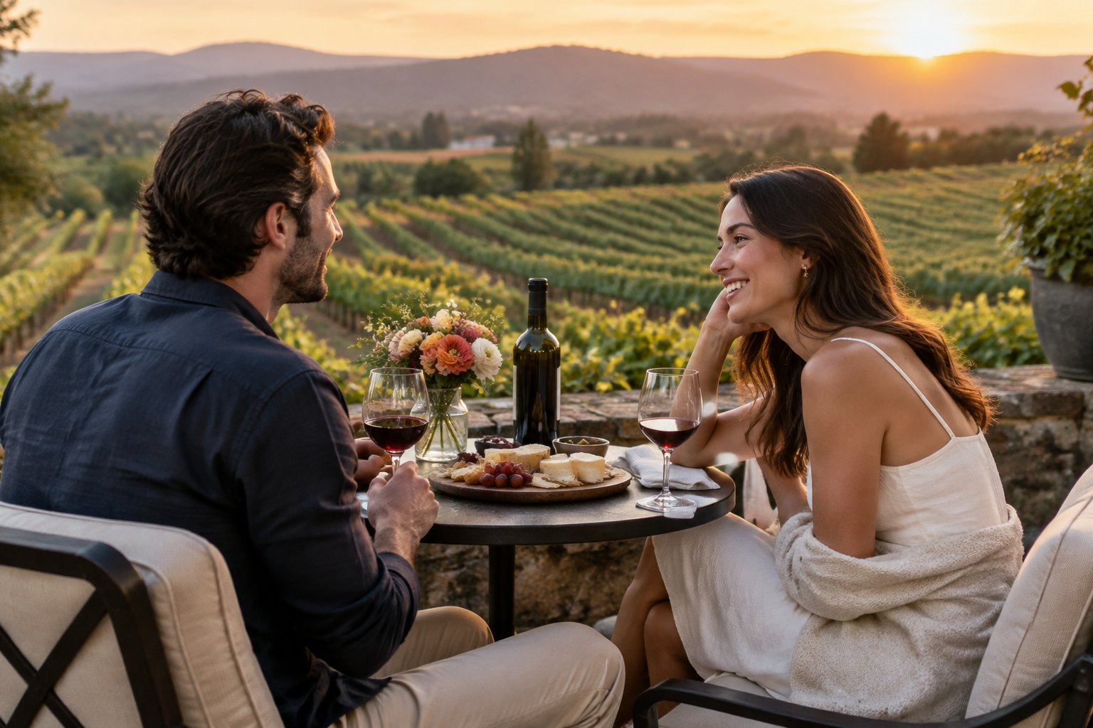 A couple shares wine and a picnic on a terrace overlooking a Napa Valley vineyard.