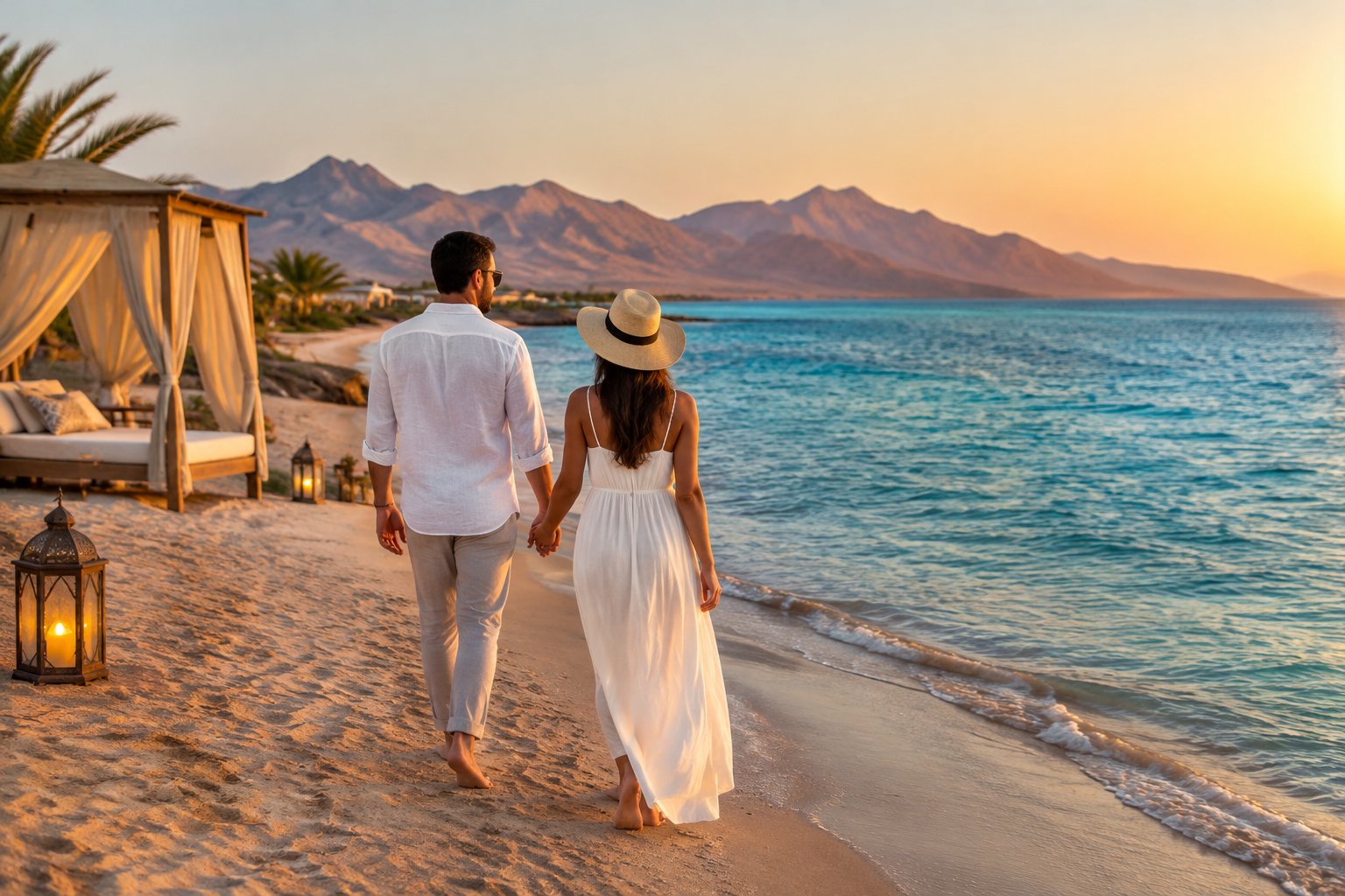 A couple walks hand in hand along a beach beside the turquoise Red Sea.