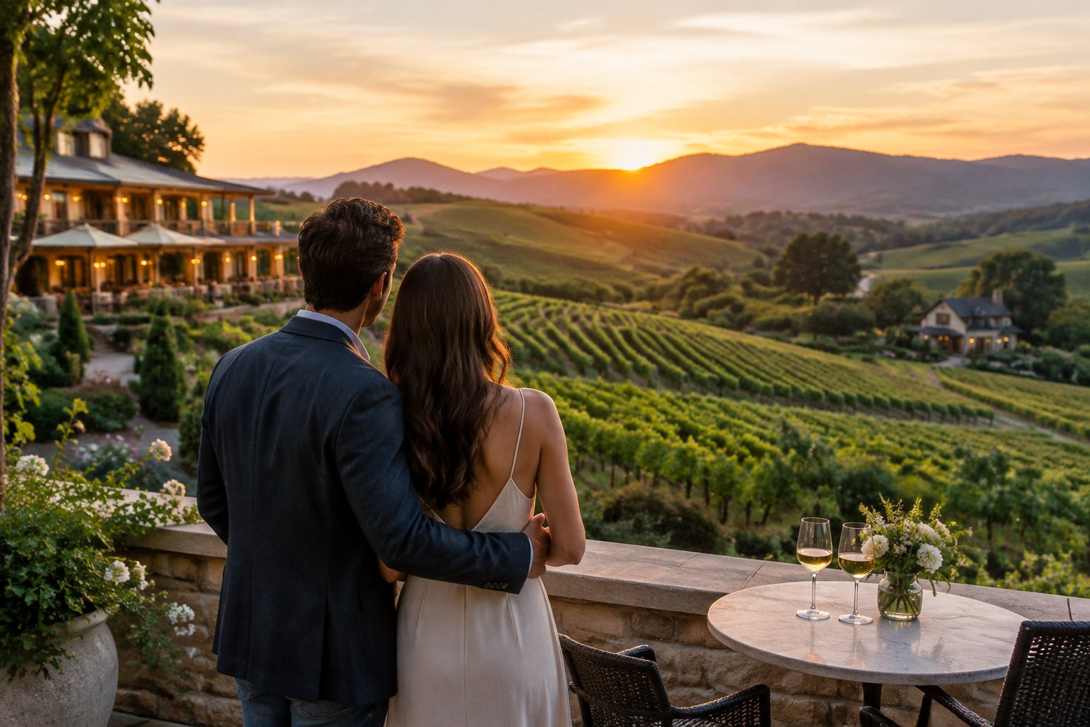 A couple looks across a Napa Valley vineyard from a terrace.