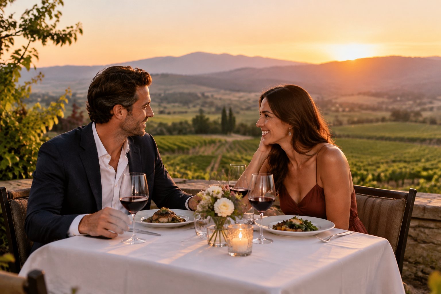 A couple shares dinner at an outdoor table overlooking a vineyard at sunset.