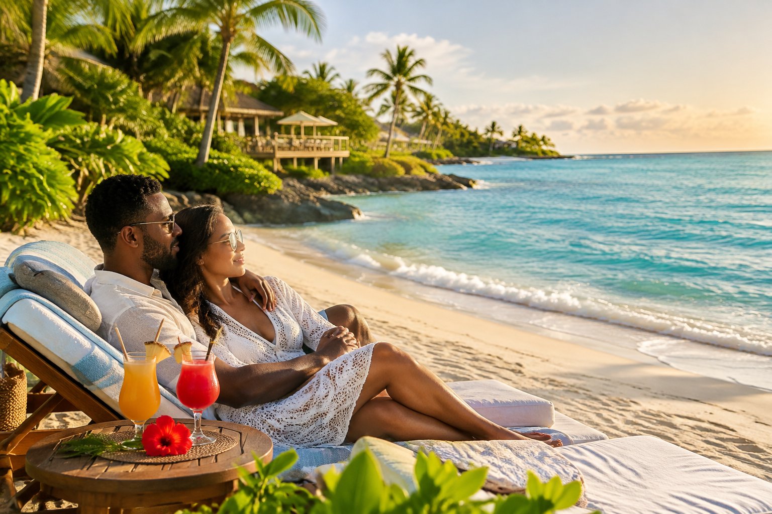 A couple relaxes together on a tropical Jamaican beach beside a resort.