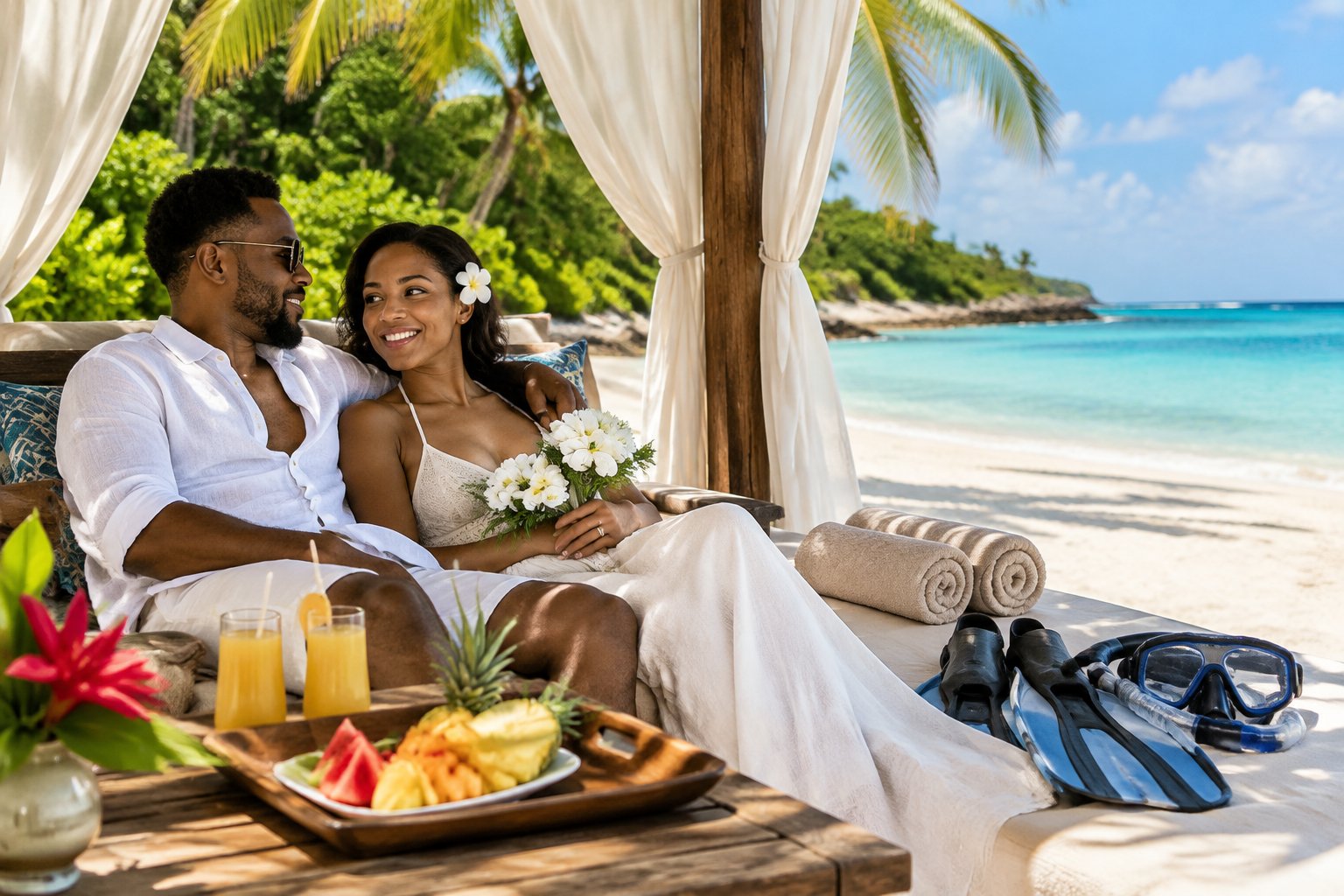 A newlywed couple relaxes at a tropical beach resort beside a meal for two and snorkeling gear.
