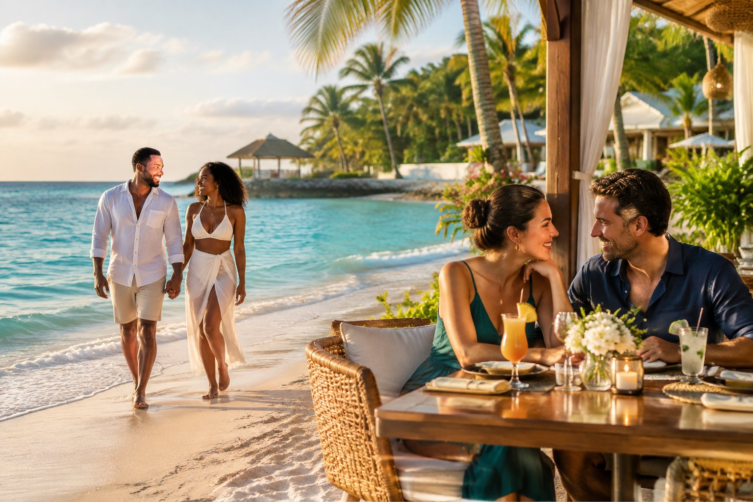 Two couples relax together at a tropical Jamaican beachfront resort.