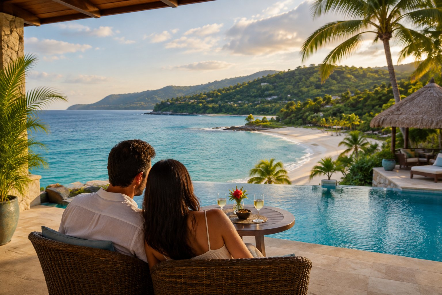 A couple sits on a terrace overlooking a Jamaican beach and turquoise sea.