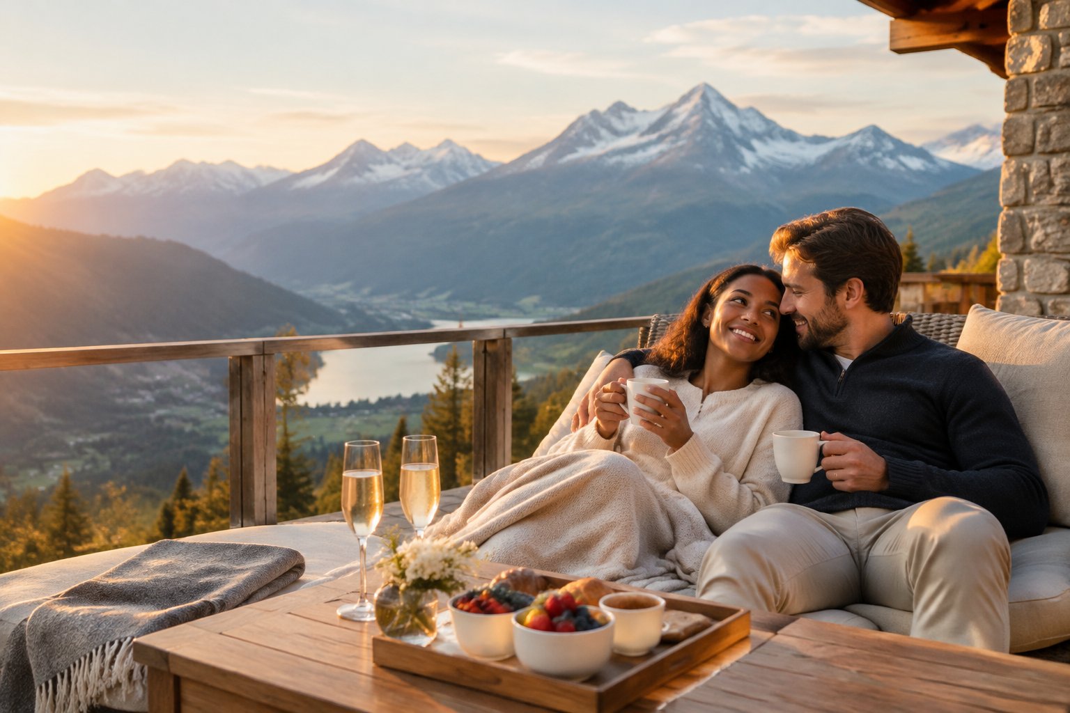 A newlywed couple relaxes on a lodge terrace overlooking mountain peaks.