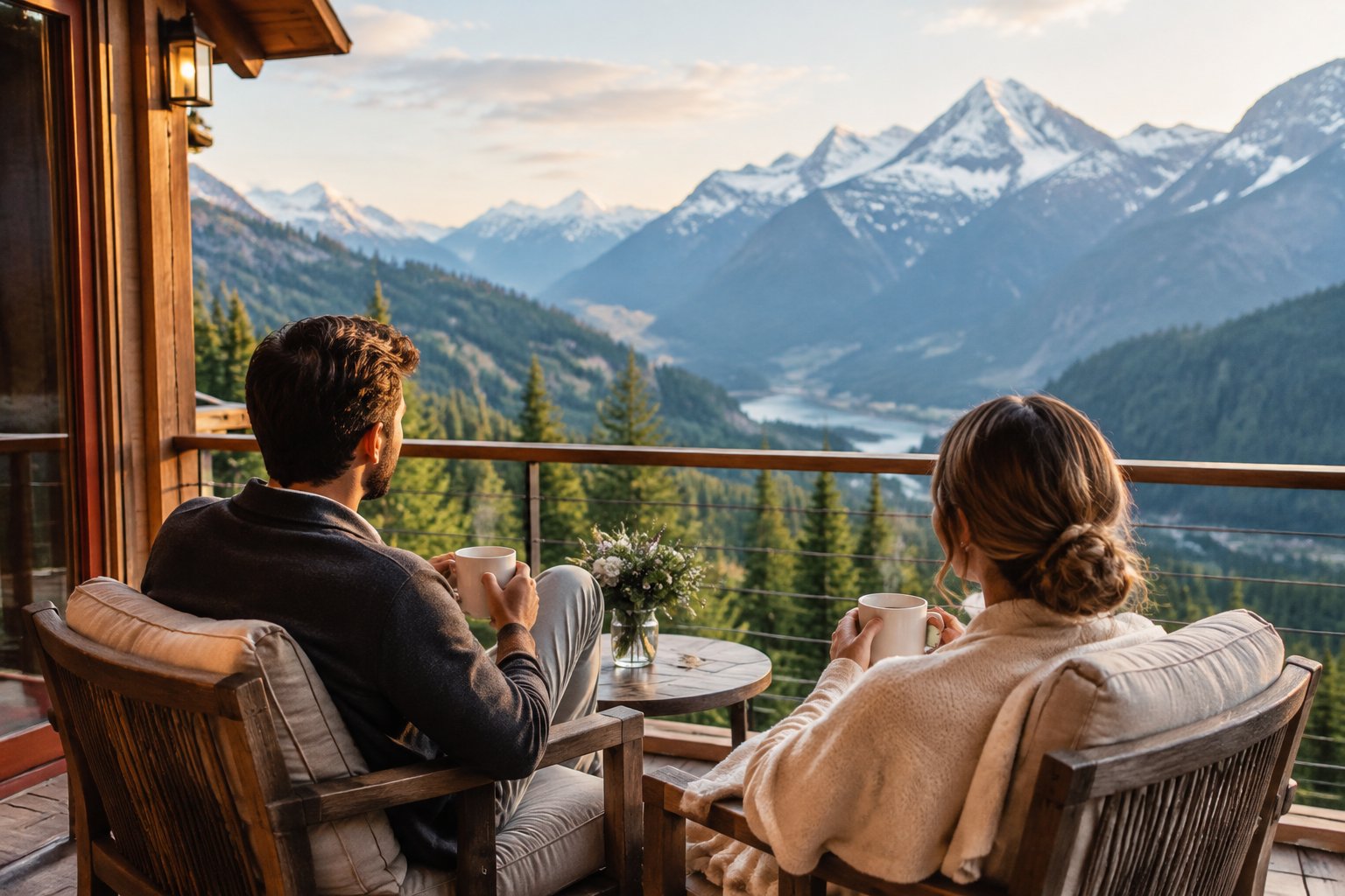 A newlywed couple relaxes on a mountain lodge balcony overlooking an alpine valley.