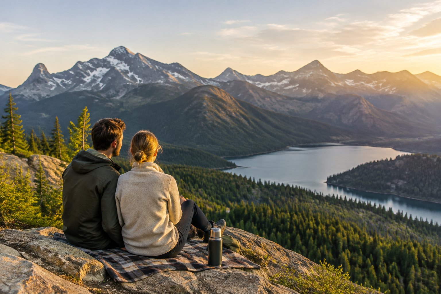 A couple shares a quiet moment at a scenic mountain overlook.