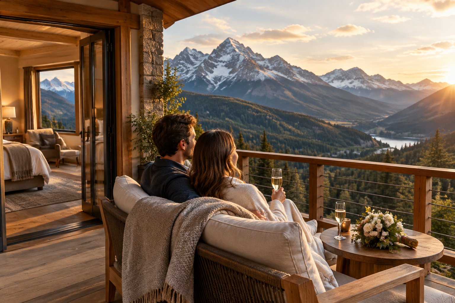 A newlywed couple relaxes on a lodge balcony overlooking the mountains.