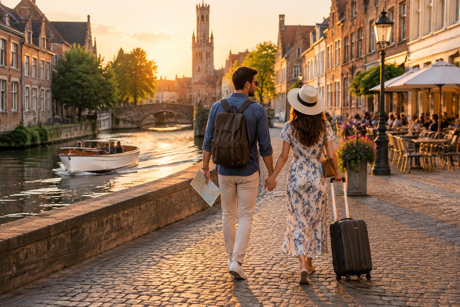 A newlywed couple walks hand in hand beside a European canal.