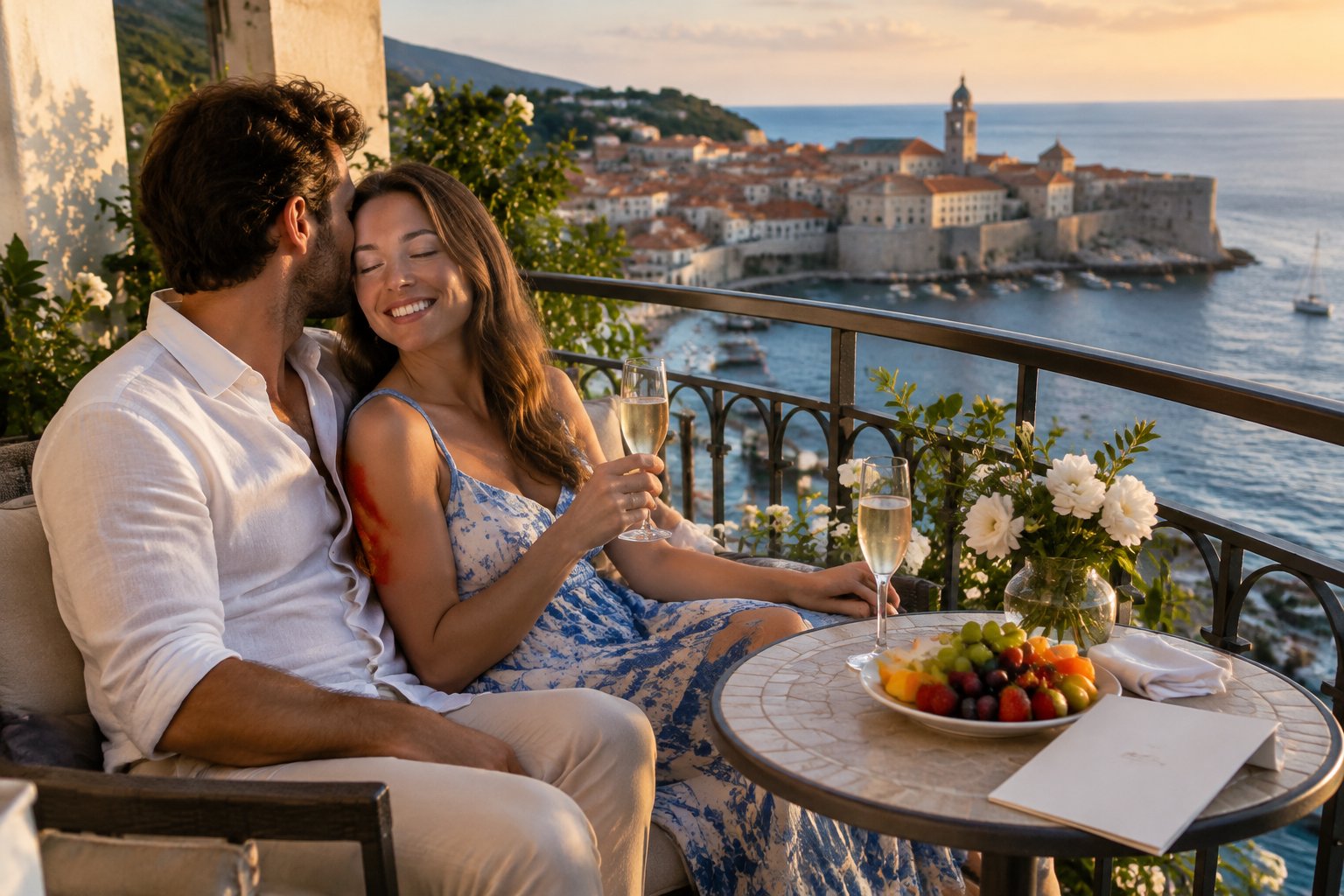 A newlywed couple relaxes on a balcony overlooking a European coastal town.