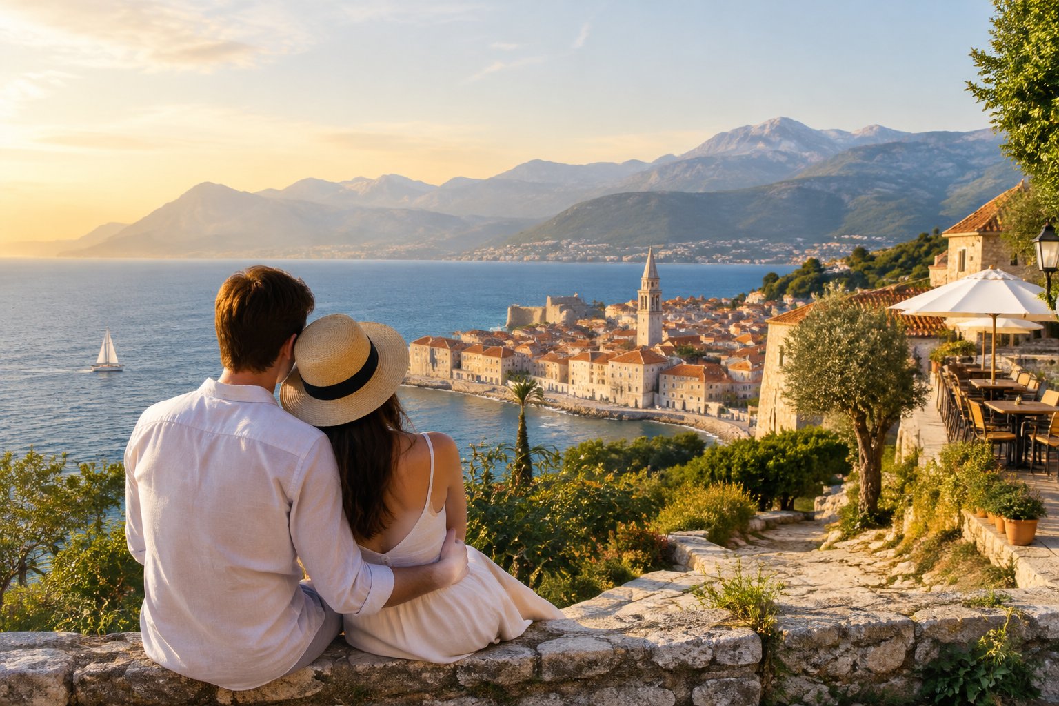 A couple looks out over a European coastal town with mountains in the distance.