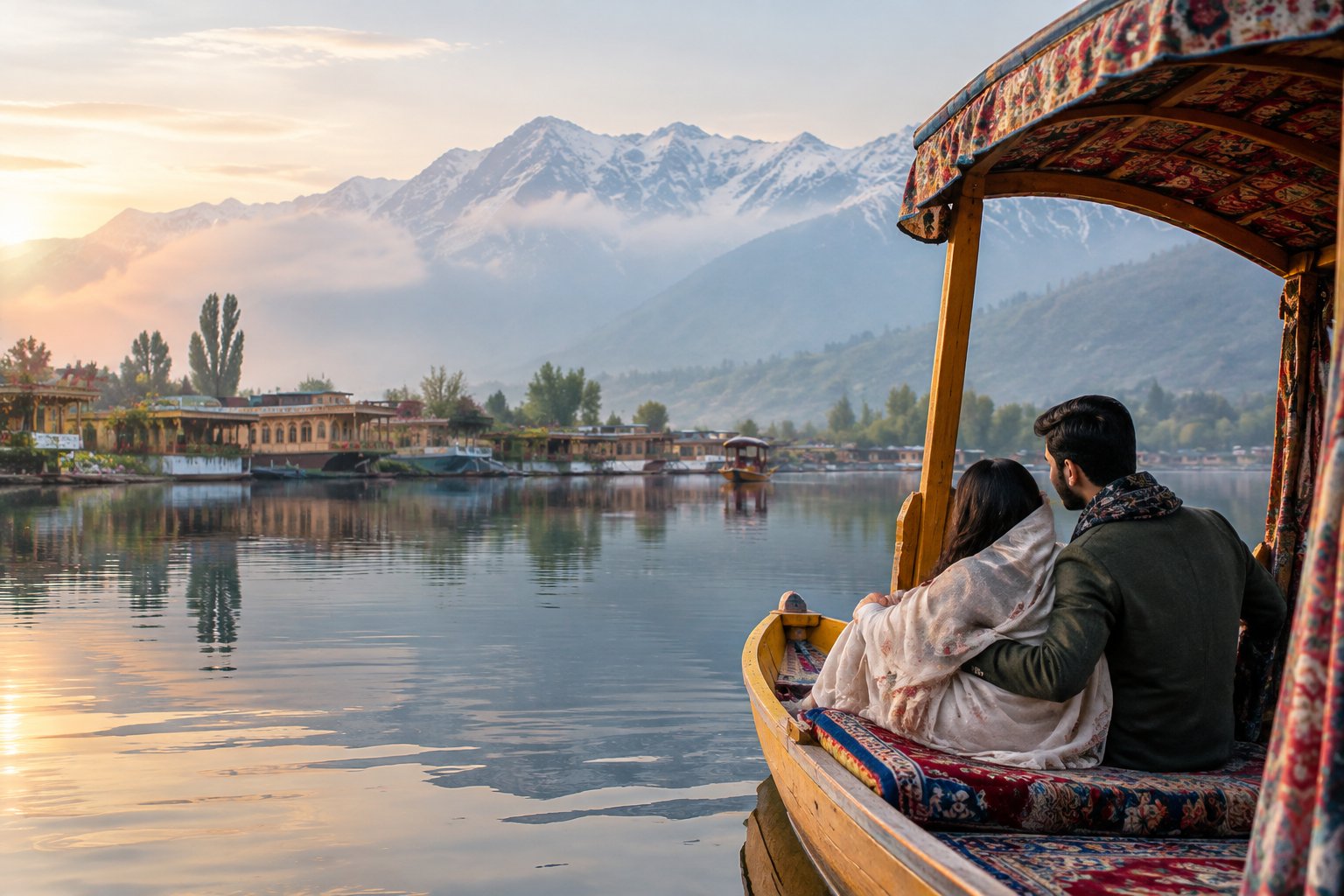 A newlywed couple rides a wooden shikara on Dal Lake with Kashmiri houseboats and mountains in the distance.