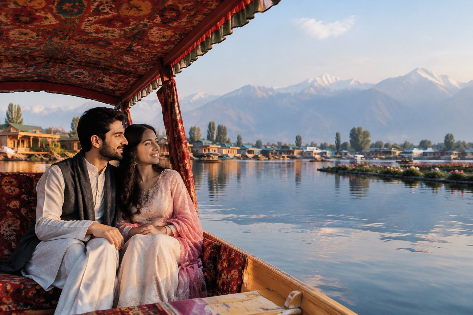 A couple rides together in a shikara on Dal Lake, with houseboats and mountains in the background.