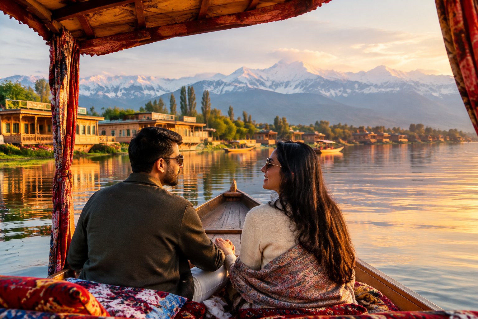 A couple shares a quiet moment on a shikara boat on Dal Lake, with houseboats and snowy mountains behind them.