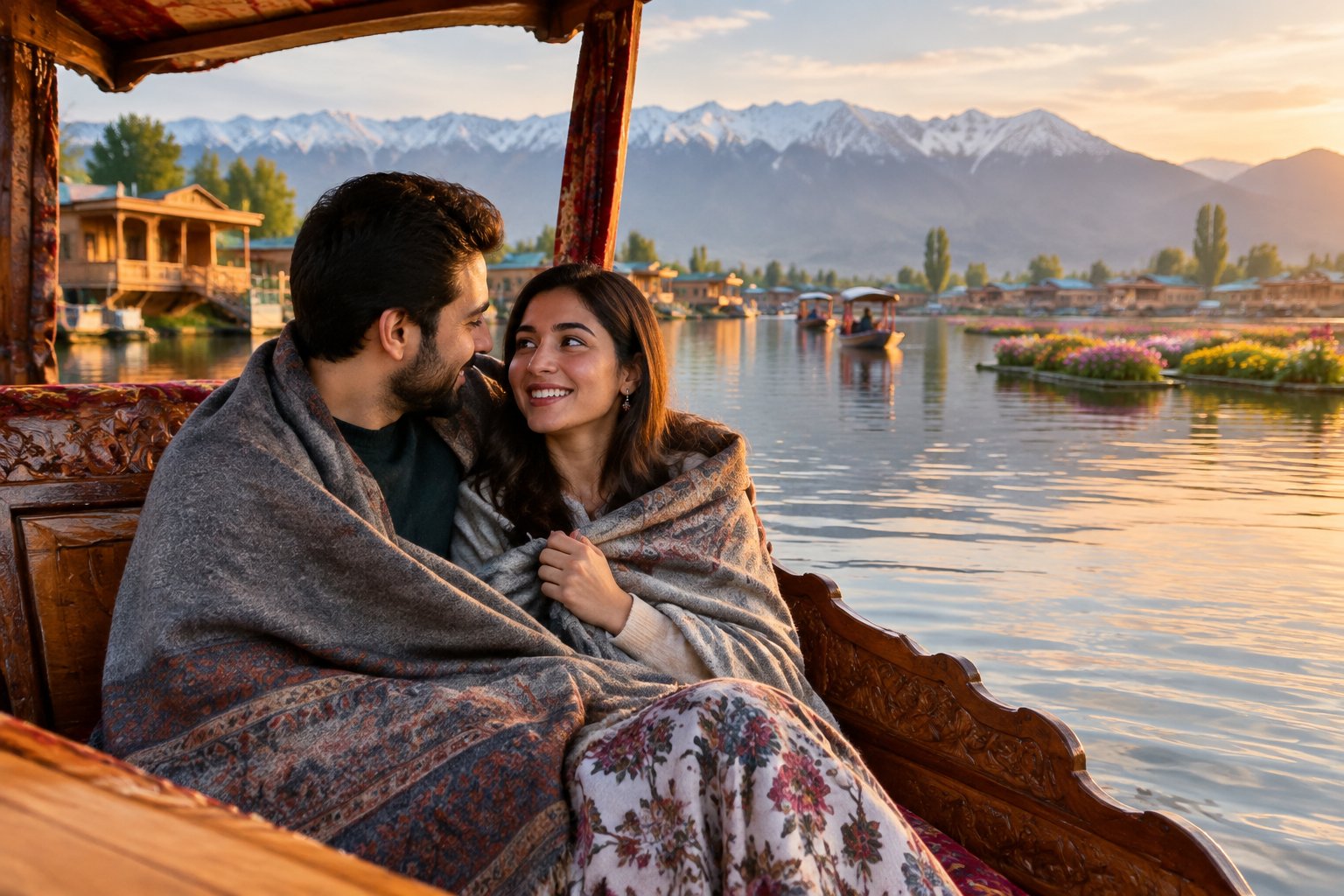 A newlywed couple shares a quiet shikara ride on Dal Lake in Kashmir.