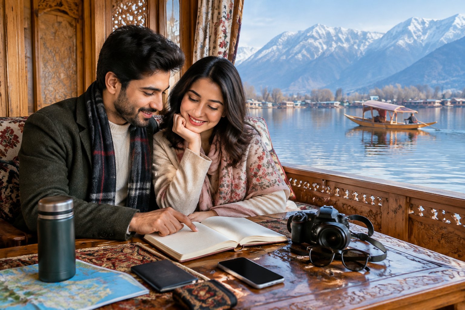 A newlywed couple plans their trip inside a Kashmiri houseboat overlooking Dal Lake.