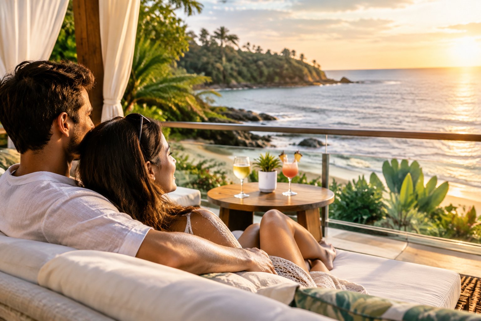A newlywed couple relaxes together on a terrace overlooking the ocean.