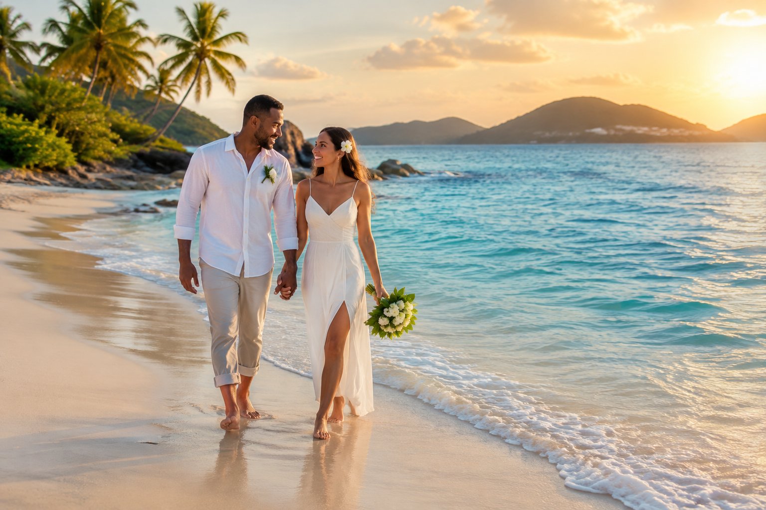 A newlywed couple walks hand in hand along a tropical beach.