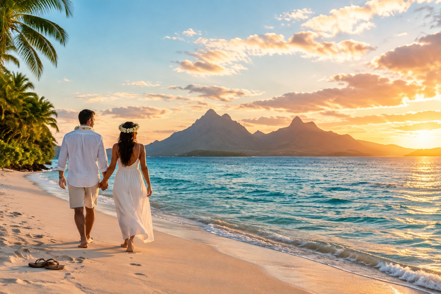 A newlywed couple walks hand in hand along a tropical beach.