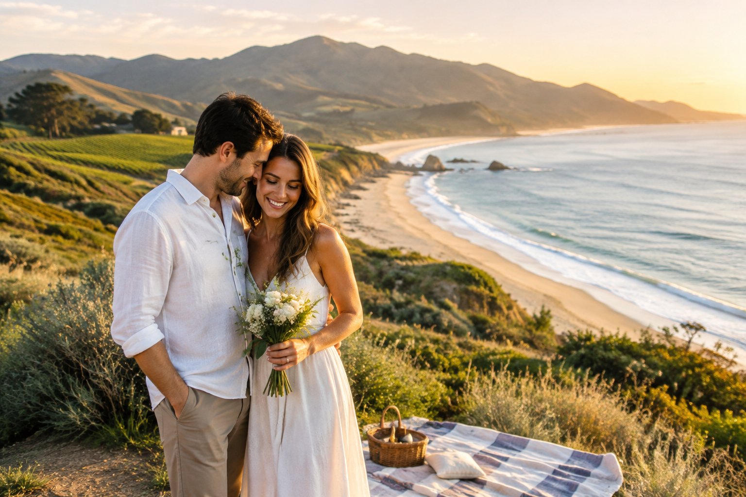 A newlywed couple shares a quiet moment overlooking a beach, mountains, and vineyards.