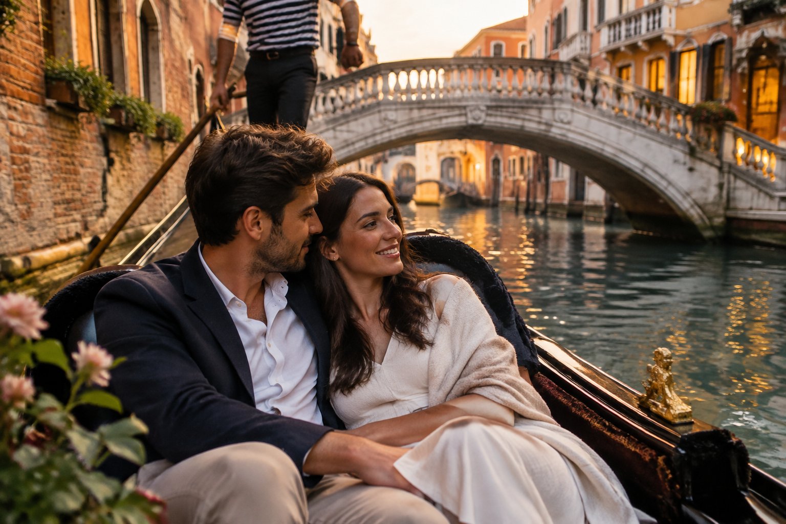 A couple shares a gondola ride along a Venetian canal at sunset.