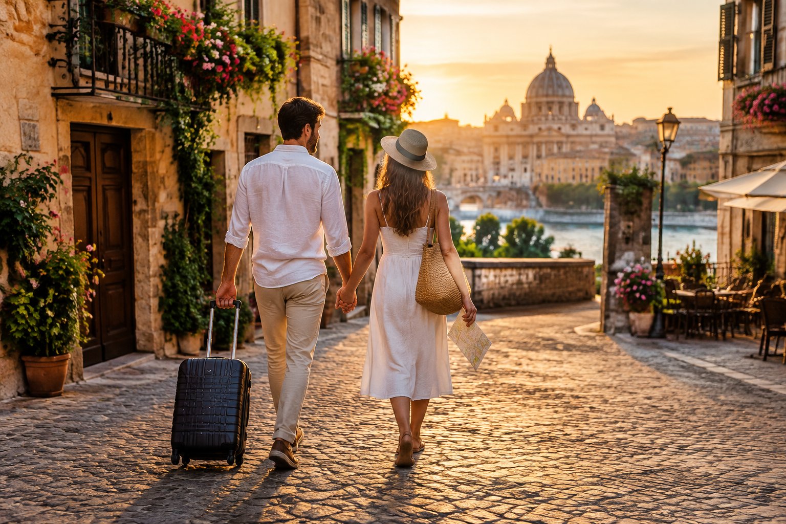 A newlywed couple walks hand in hand along a picturesque European street.