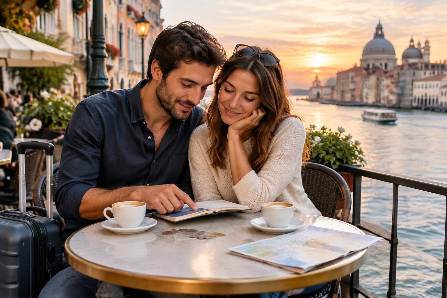 A couple plans their honeymoon budget at an outdoor café overlooking a European canal.