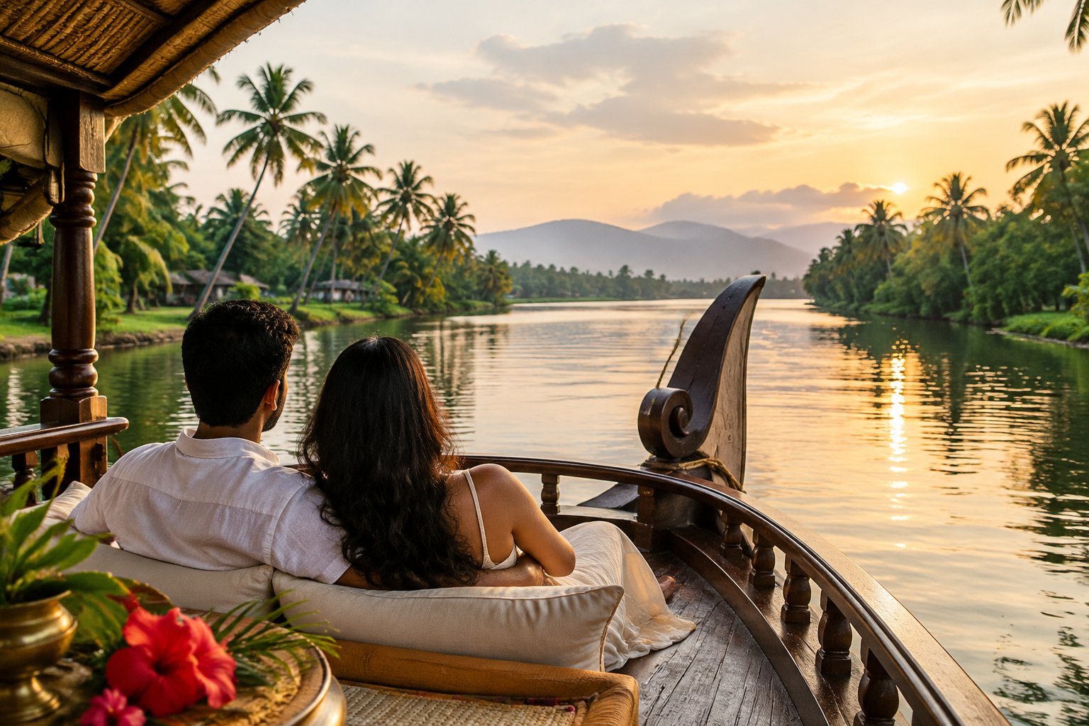A couple relaxes together on a houseboat among Kerala’s palm-lined backwaters.
