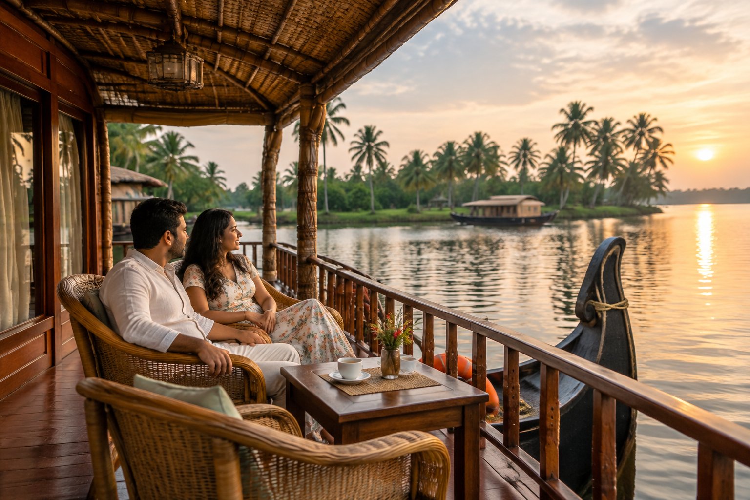 A couple relaxes together on a houseboat surrounded by Kerala’s palm-lined backwaters.