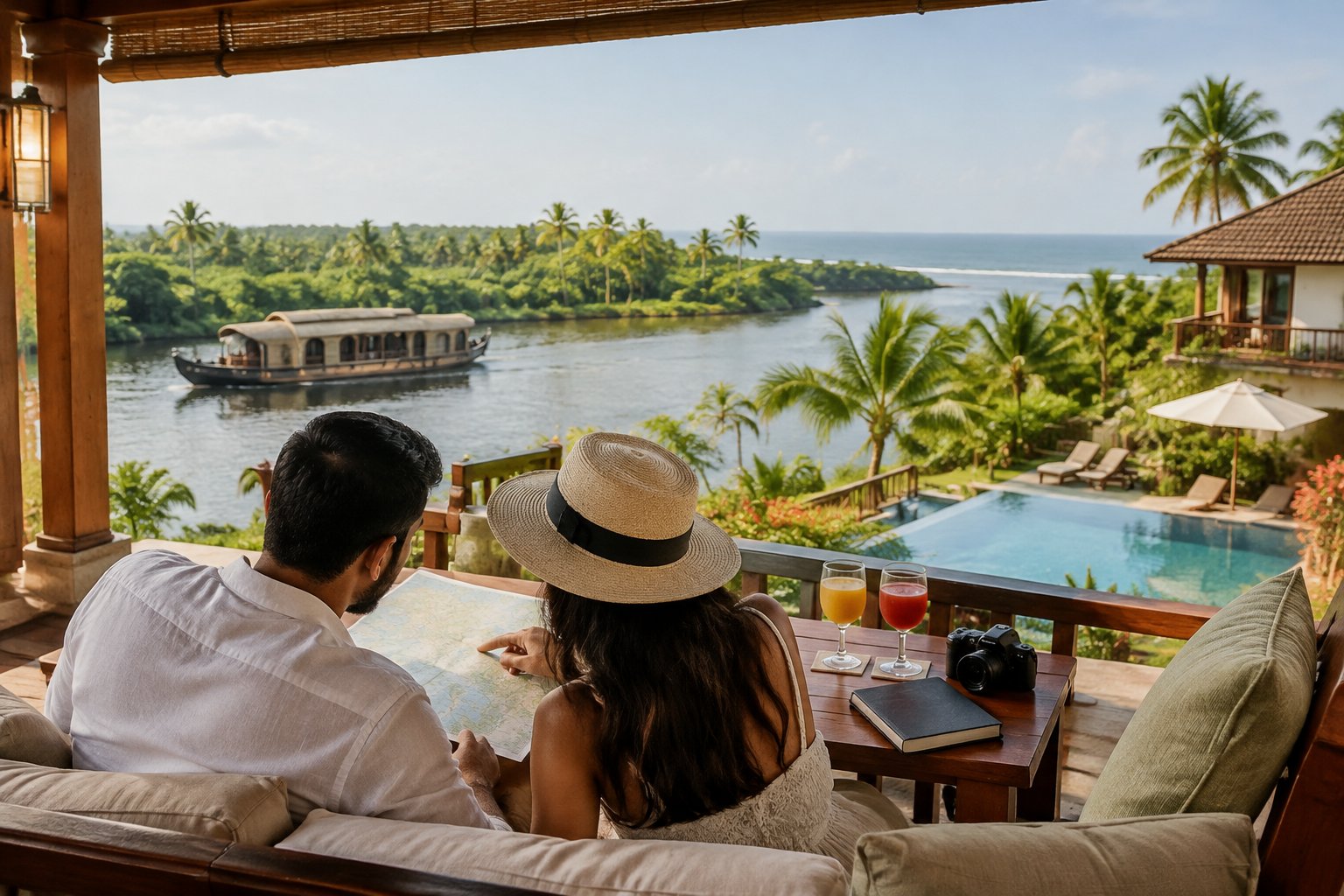 A couple plans a Kerala honeymoon while overlooking a lush backwater and houseboat.