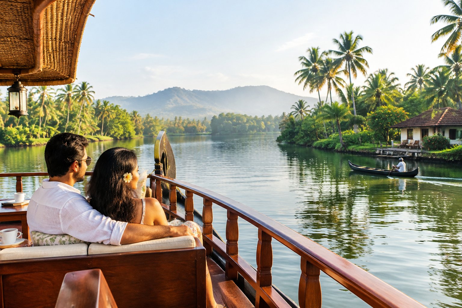 A couple relaxes on a houseboat surrounded by Kerala’s green backwaters.