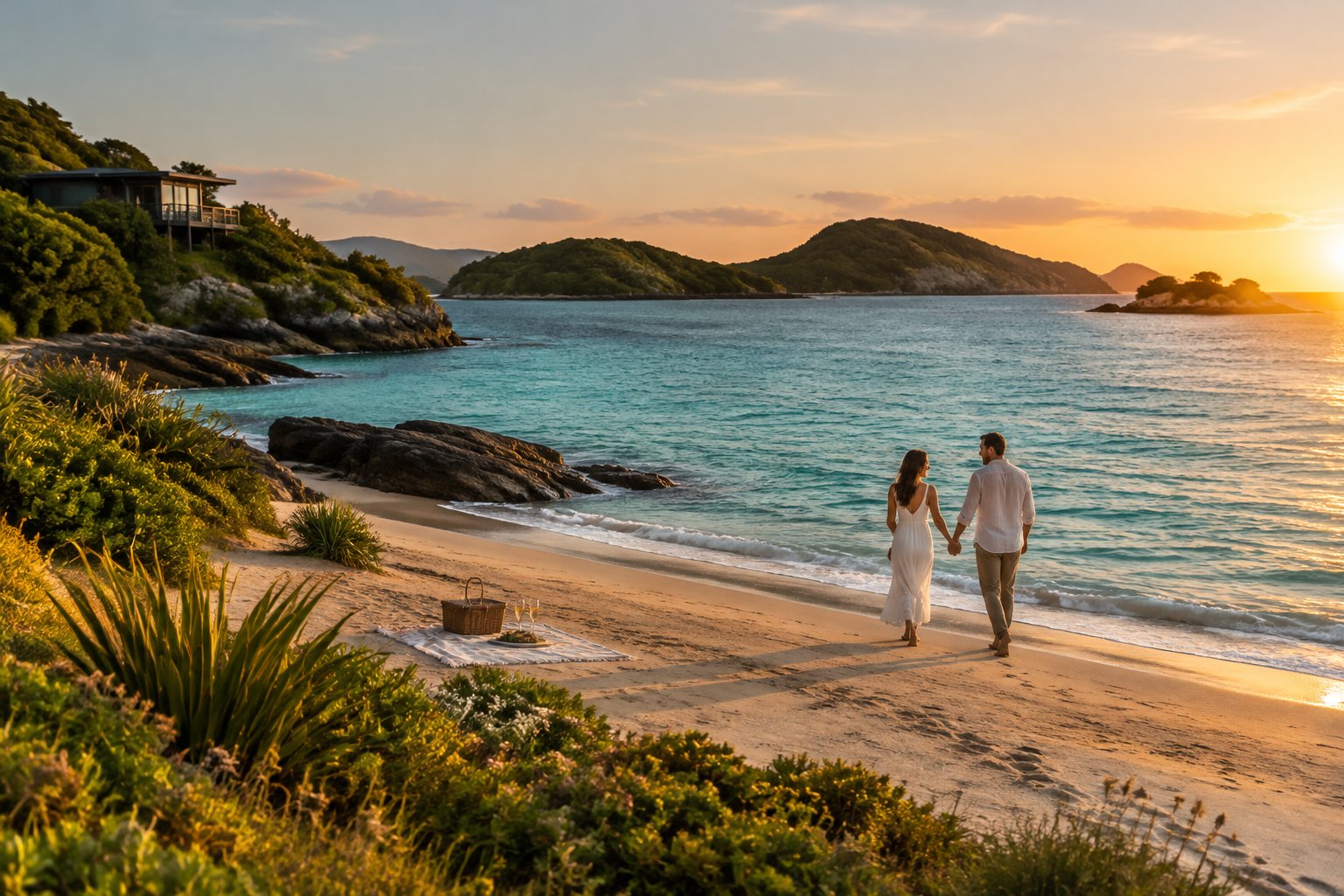 A couple walks hand in hand along a secluded New Zealand beach.