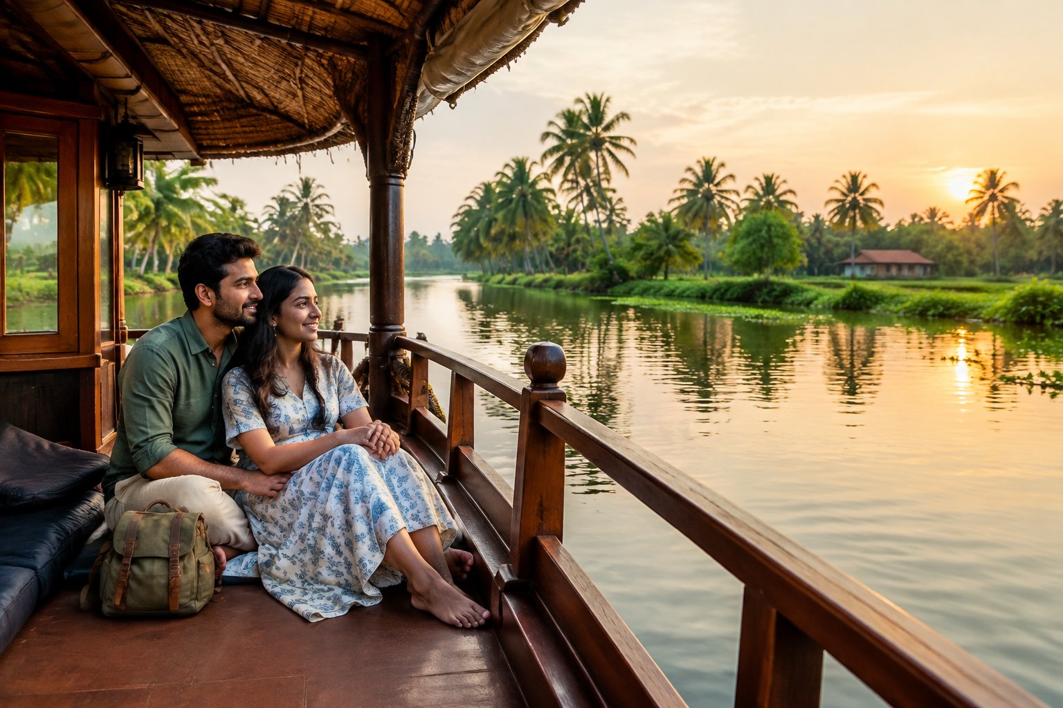 A couple shares a quiet moment on a houseboat in Kerala’s palm-lined backwaters.