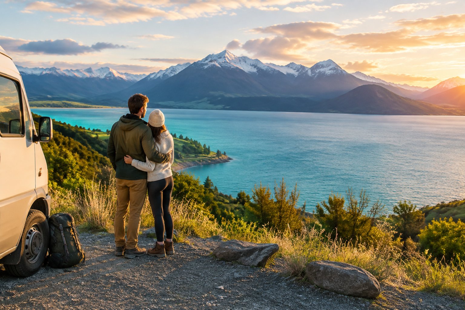A newlywed couple admires a turquoise lake and snow-capped mountains in New Zealand.