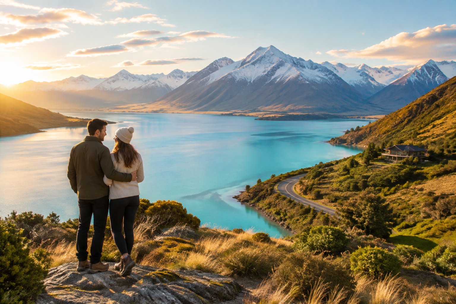 A couple stands beside a turquoise alpine lake with mountains in the distance.