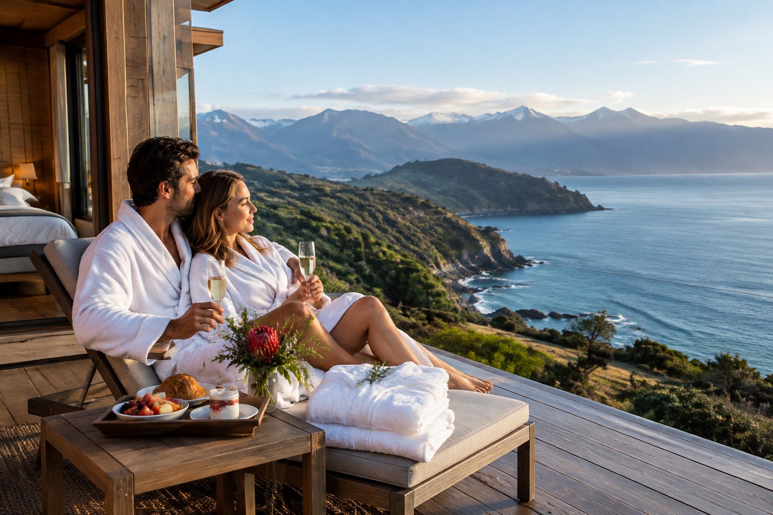 A couple shares a quiet moment on a lodge deck overlooking the New Zealand coast.