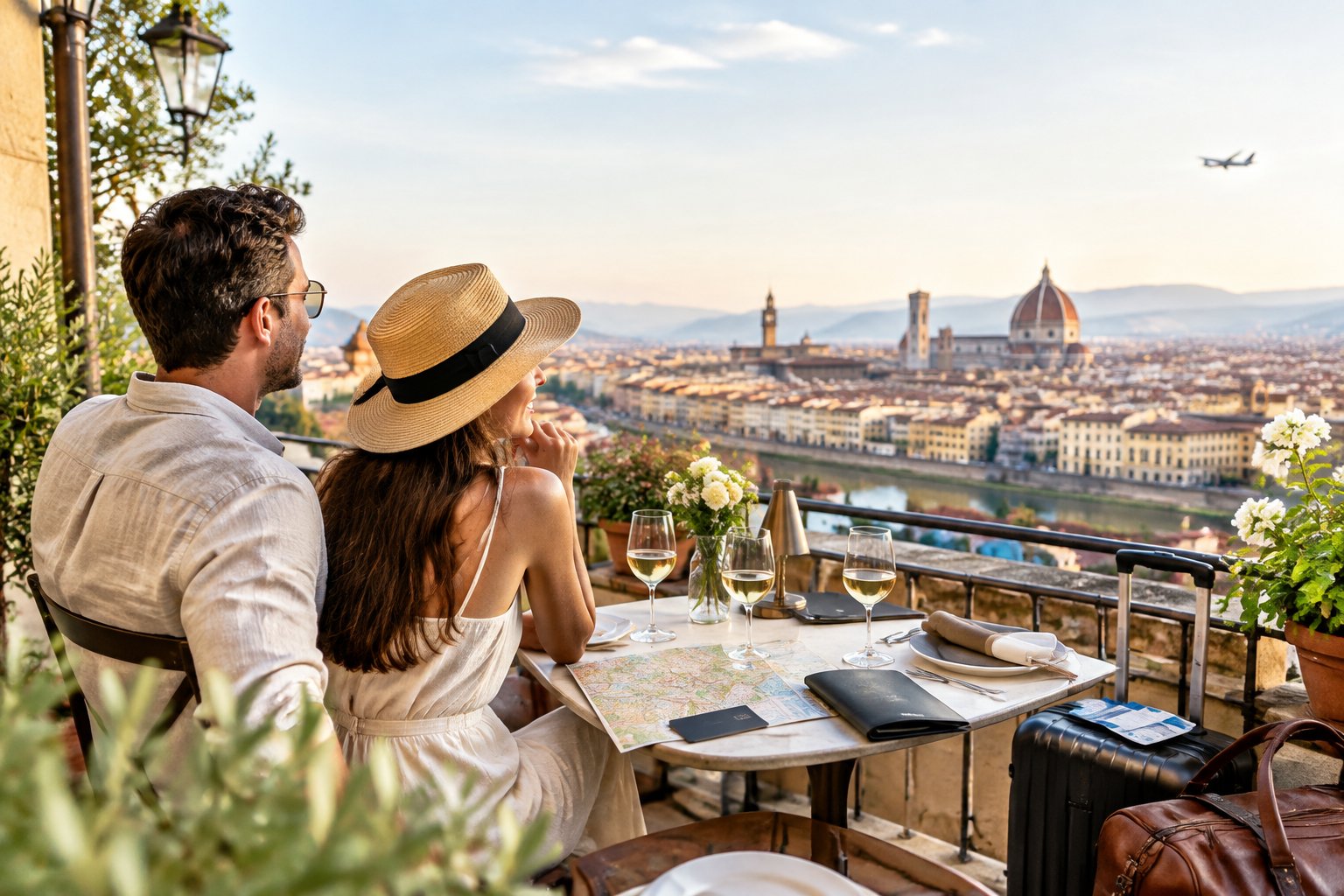 A newlywed couple shares a romantic moment on a terrace overlooking a European city.