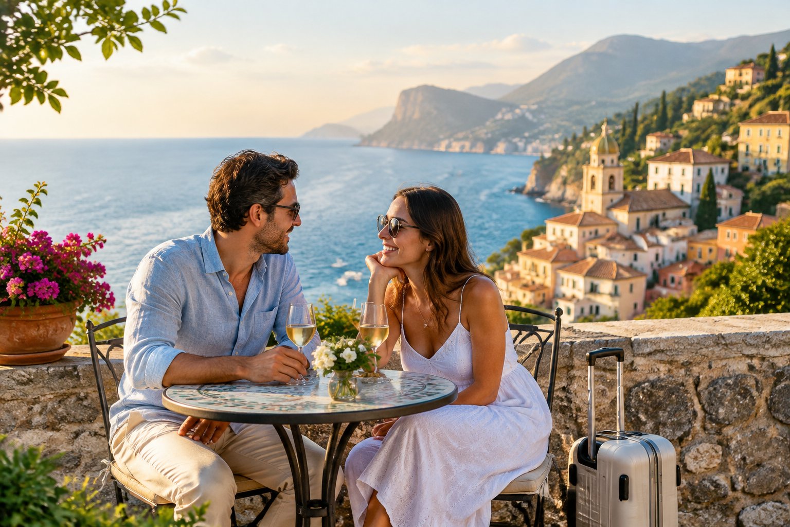 A couple enjoys a coastal view from a terrace overlooking a European village.