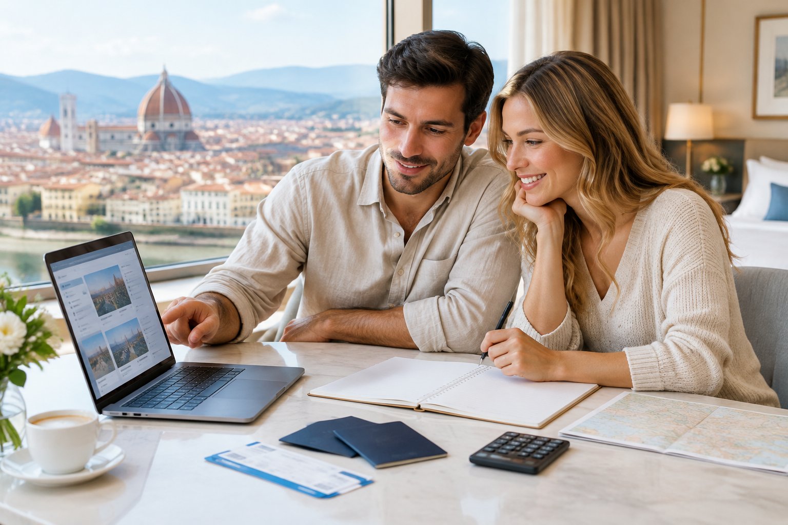 A newlywed couple plans a European honeymoon at a table beside a city-view window.