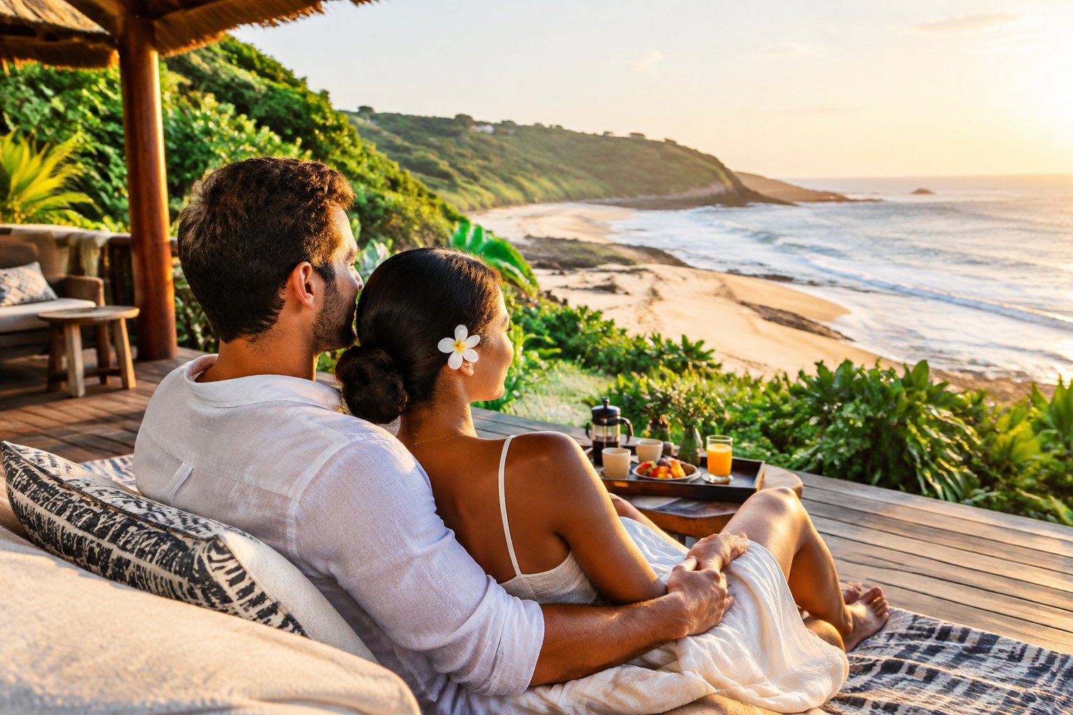 A newlywed couple relaxes together beside the ocean on a subtropical beach.