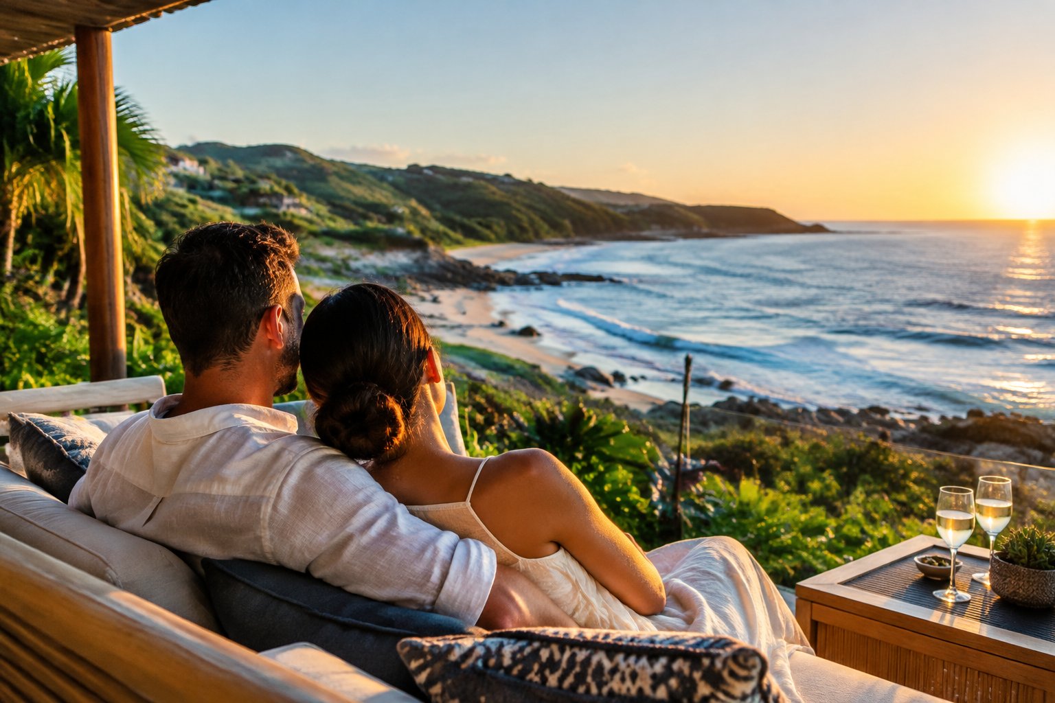 A newlywed couple shares a quiet moment at a tropical KwaZulu-Natal beach resort.
