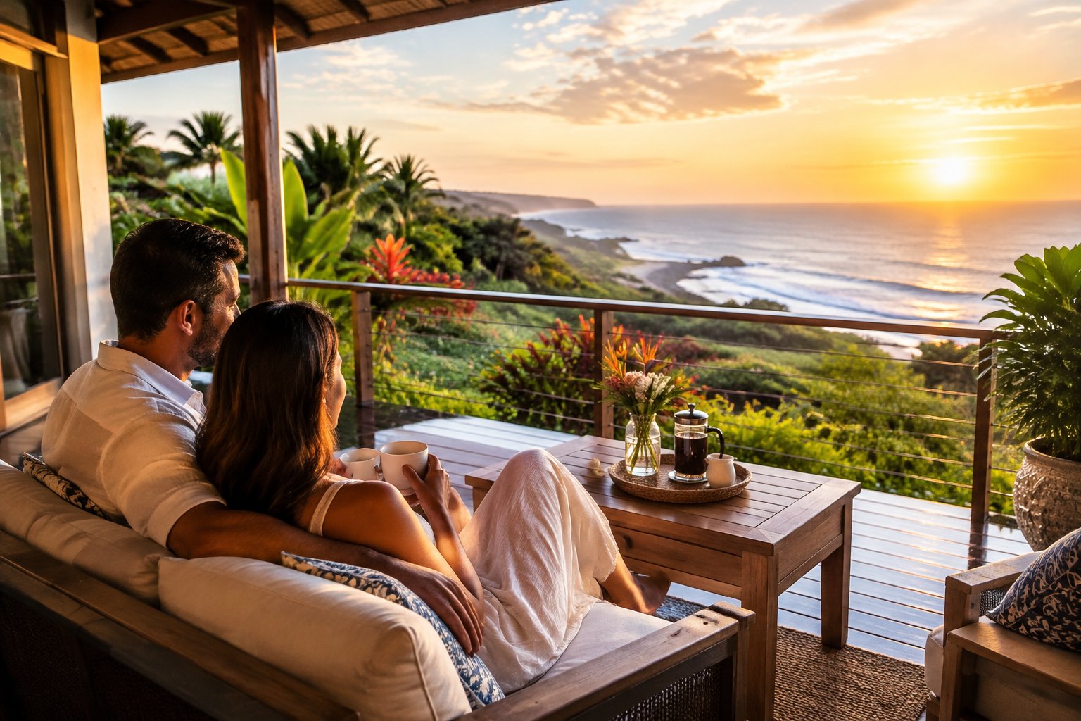 A couple relaxes on a lodge veranda overlooking the ocean and a tropical garden.